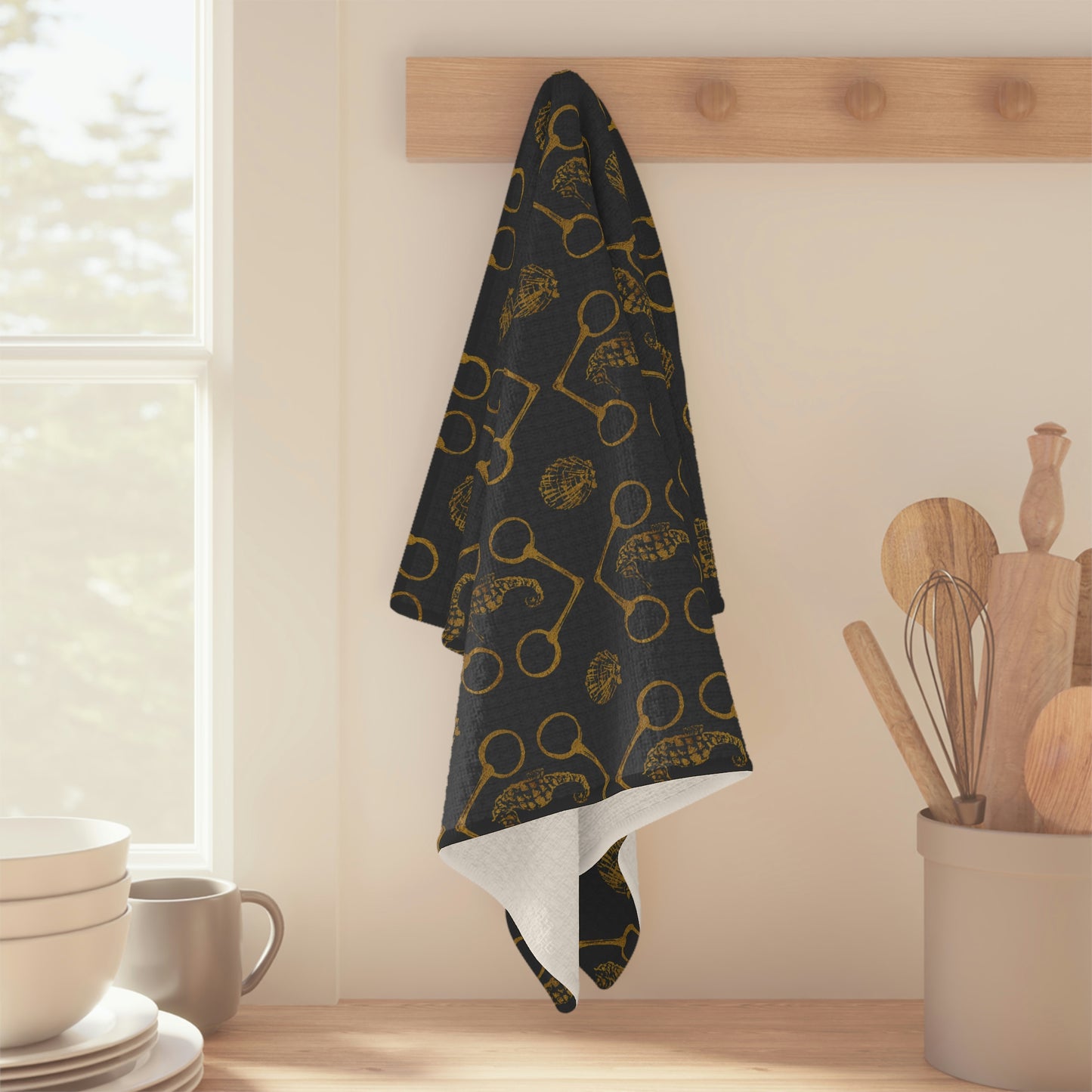 Sea horse and bit Soft Tea Towel - Navy and gold