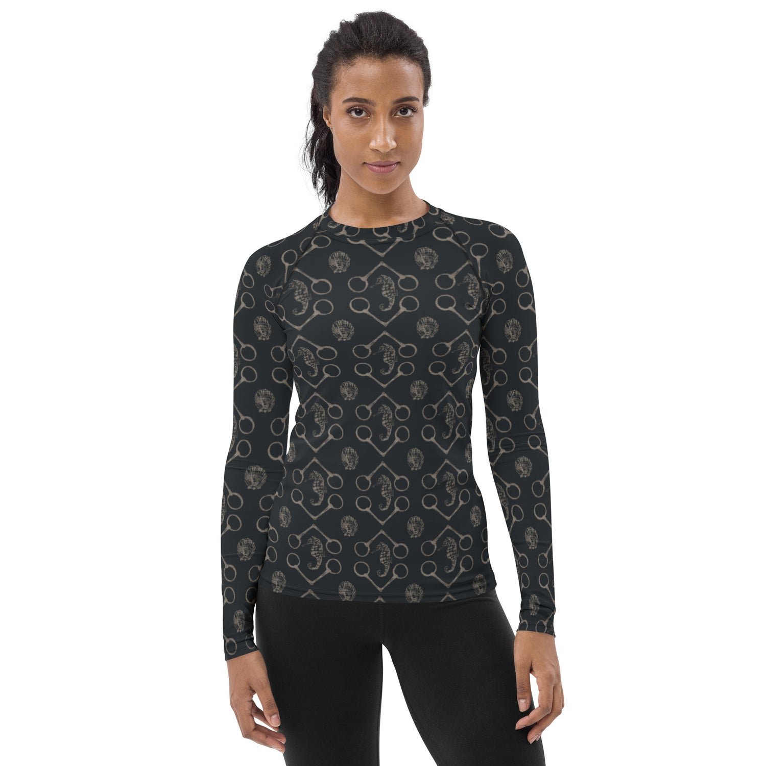 Seahorse and Bits - Black and Silver Women's Rash Guard - SonaEquestrian