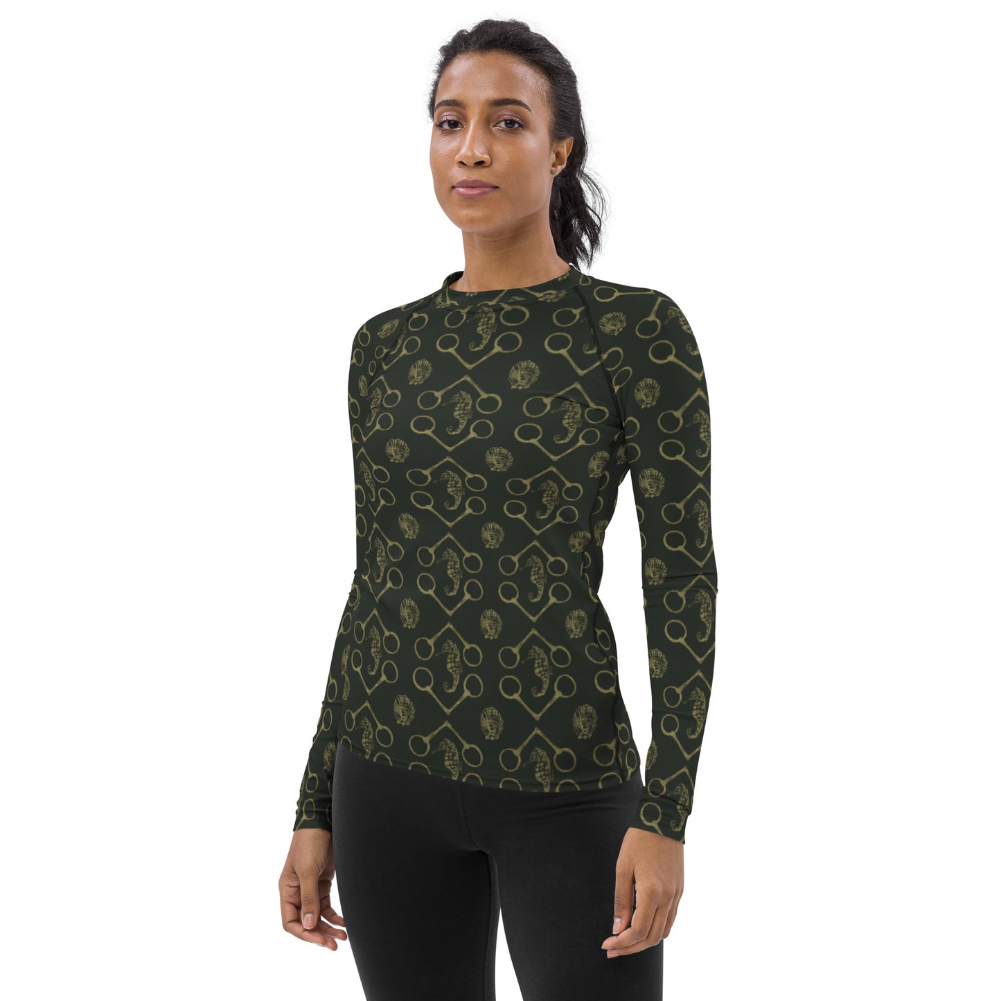 Sea horse and bits - Olive and gold Women's Rash Guard